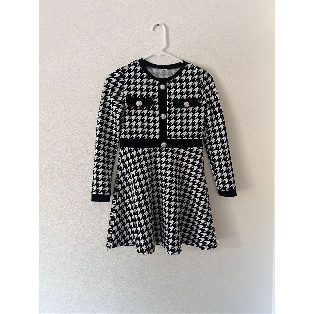 Girls' Houndstooth Print Dress with Button Front Casual A-Line Mini Dress size 1
